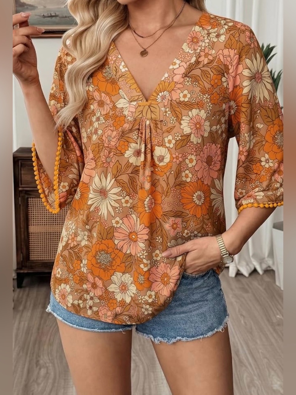 NEW V-Neck Floral Tunic Top in Orange